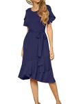 Women's Plain Casual Swing Midi Modest Belt Dress Deep Blue XL