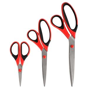 BambooMN Titanium Softgrip Scissors Set for Sewing, Arts, Crafts, Office - 1 set of 3 - Red w/ Black Inlays