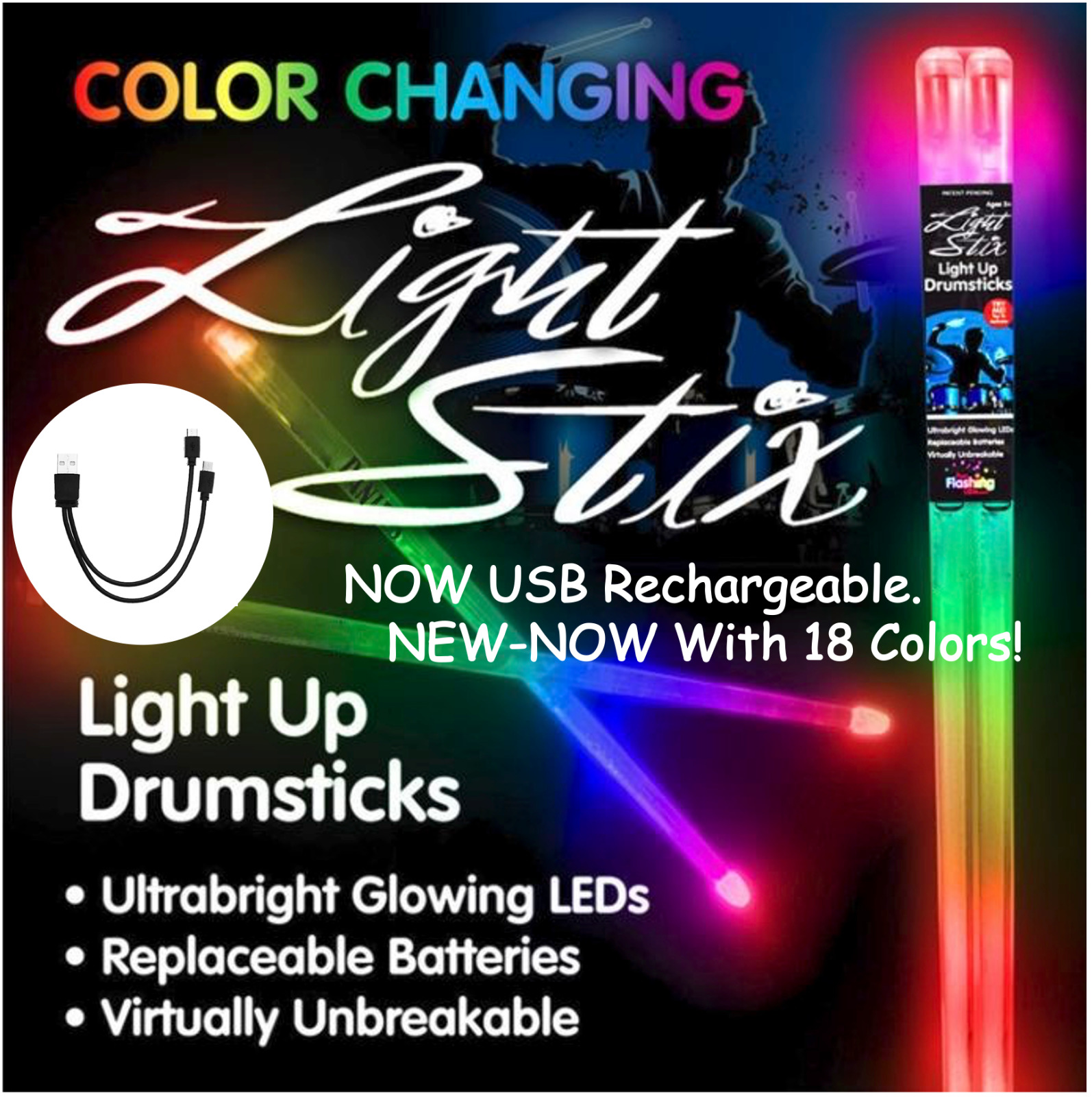 USB Rechargeable LED Drum Sticks: Color Changing Lights
