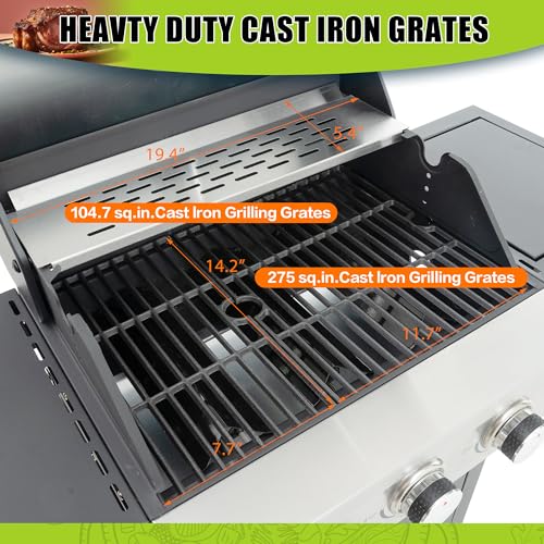Stainless Steel BBQ Grill with Side Burner and Thermometer