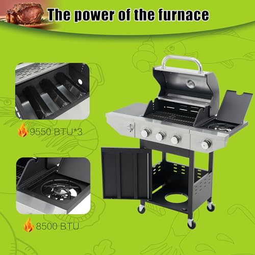 Stainless Steel BBQ Grill with Side Burner and Thermometer