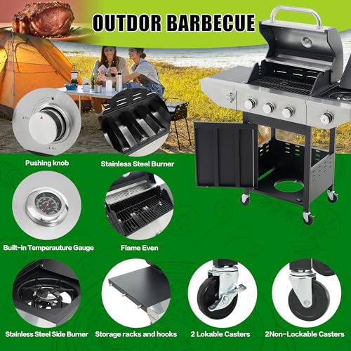 Stainless Steel BBQ Grill with Side Burner and Thermometer