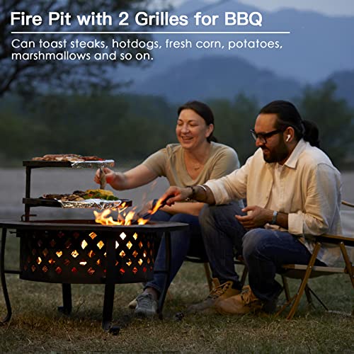 36" Fire Pit with 2 Grill, Lid, Metal Table