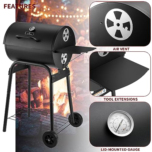 Barrel Charcoal Grill with Side Table for BBQ
