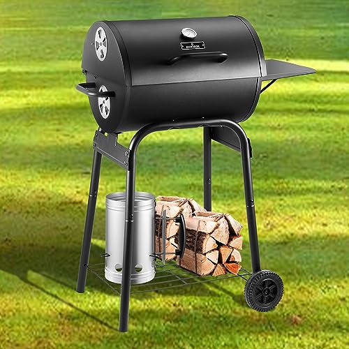Barrel Charcoal Grill with Side Table for BBQ