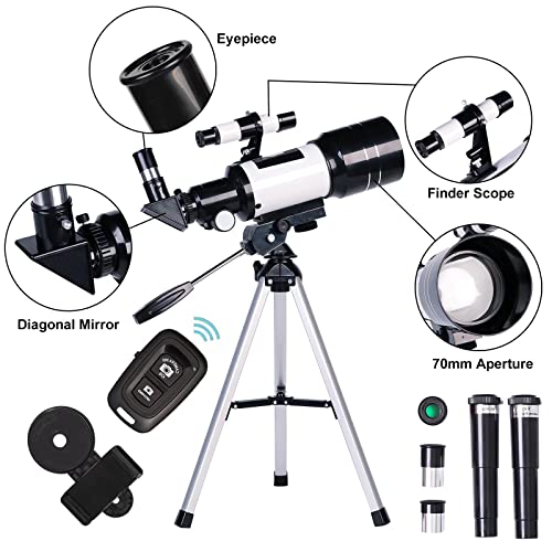 70mm Portable Telescope with Phone Adapter, Remote - Black