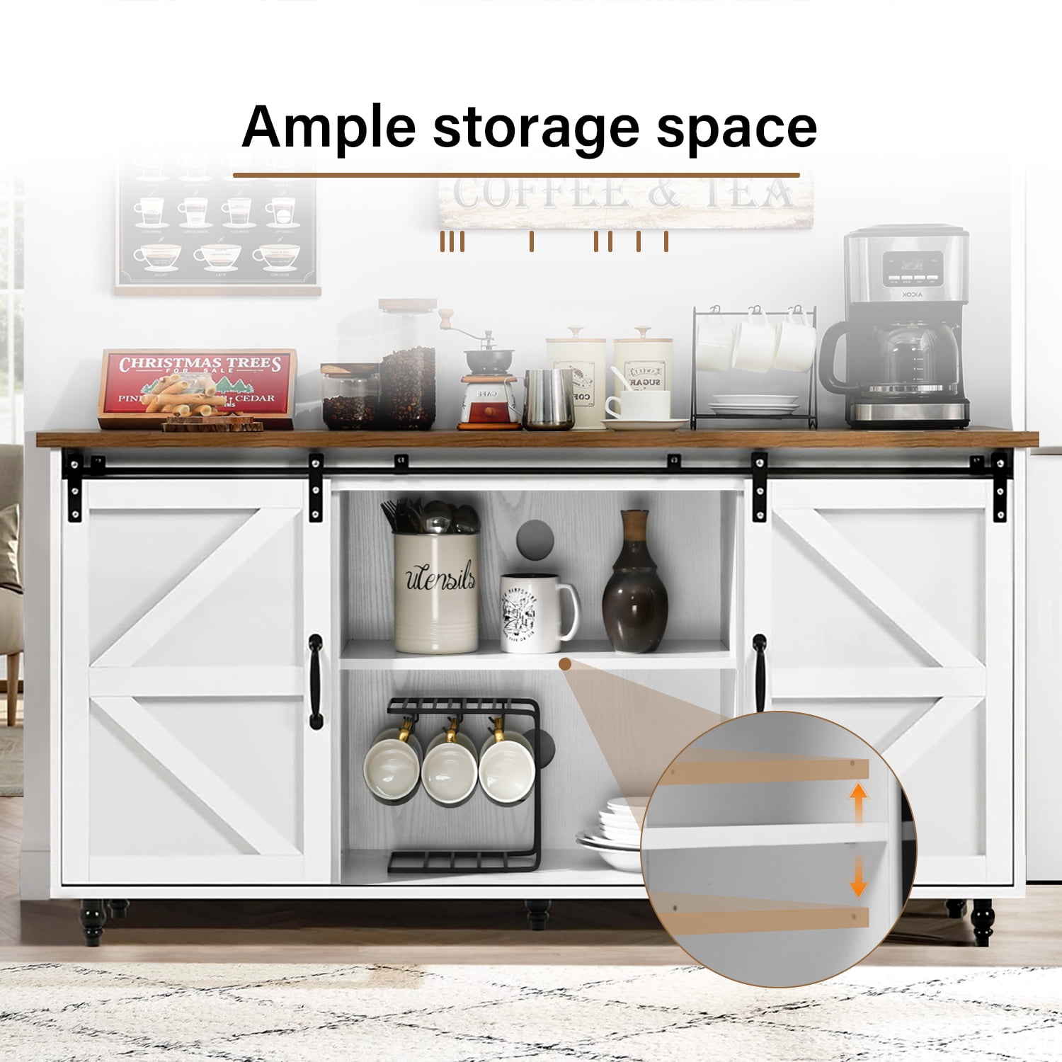 White Farmhouse Coffee Bar with Sliding Barn Door