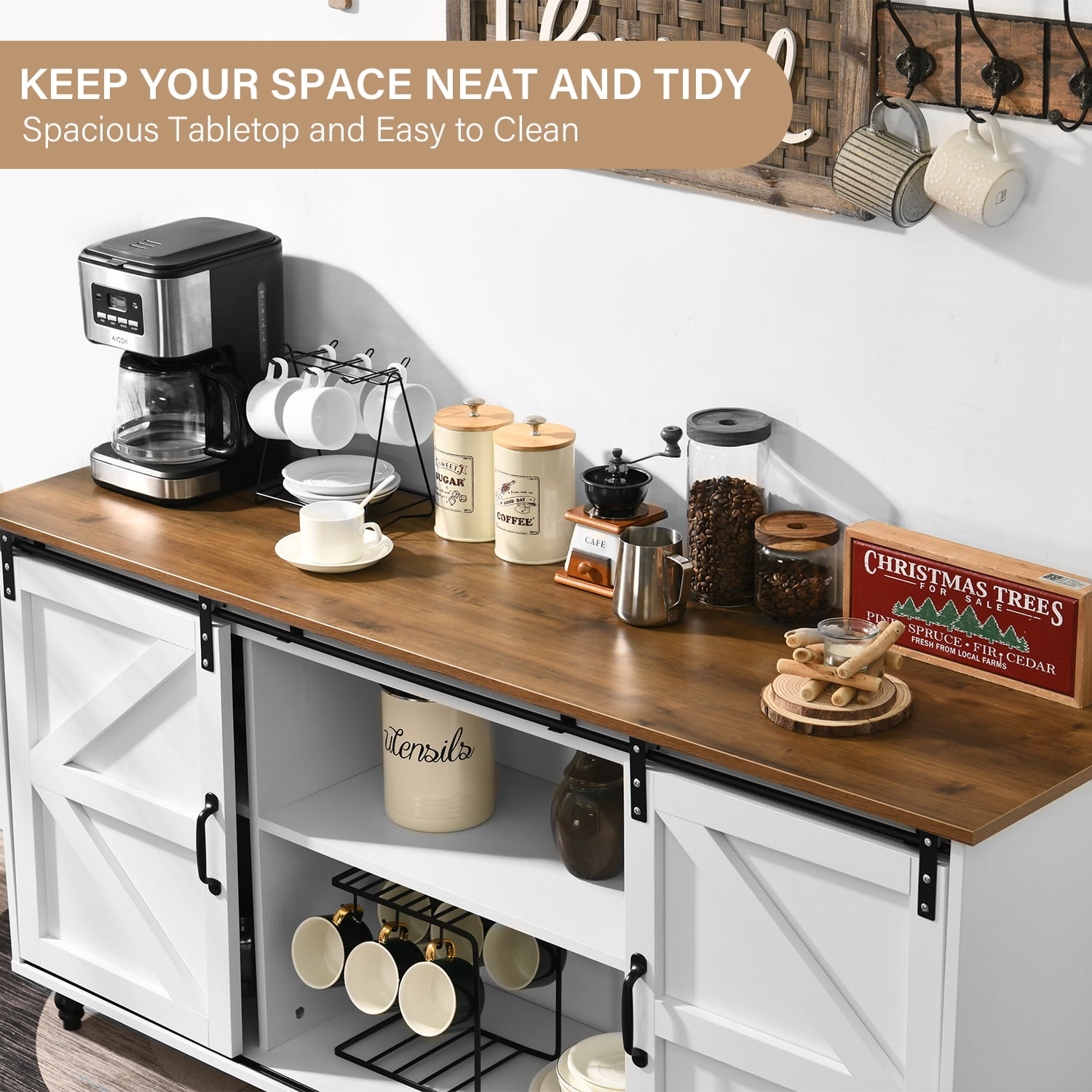 White Farmhouse Coffee Bar with Sliding Barn Door