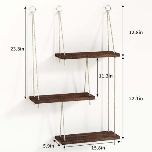 Boho 3-Tier Hanging Shelves - Rustic Organizer