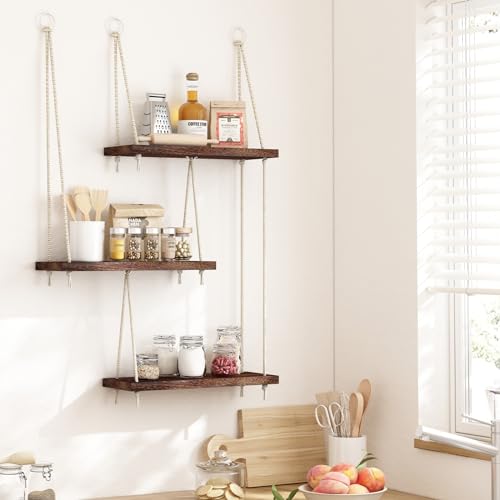 Boho 3-Tier Hanging Shelves - Rustic Organizer
