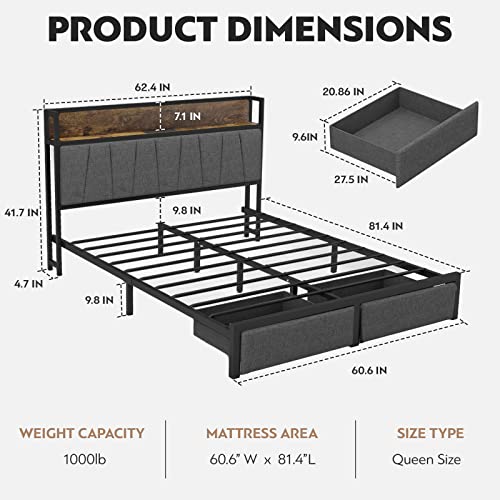 Queen Size Bed Frame with Storage and LED Light