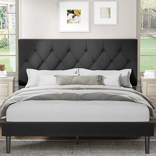 Dark Grey Upholstered Full Size Platform Bed Frame