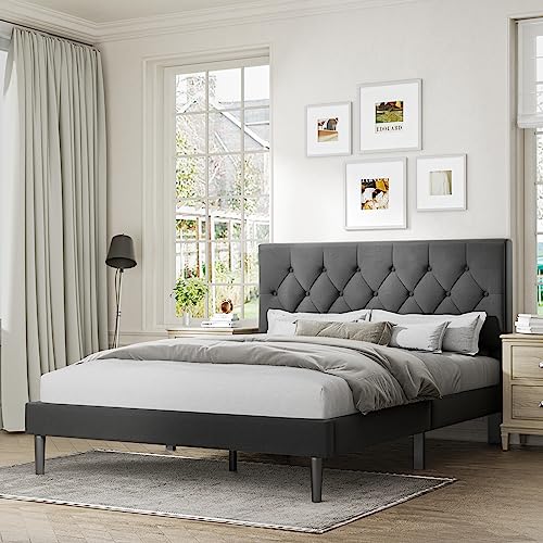 Dark Grey Upholstered Full Size Platform Bed Frame