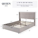 Queen Size Lift-Up Storage Bed with Wingback Headboard