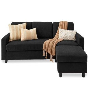 Black Upholstered L-Shaped Sectional Sofa with Ottoman