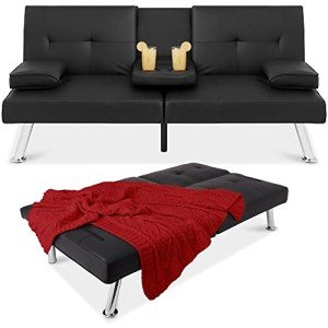 Modern Black Faux Leather Convertible Futon Sofa
