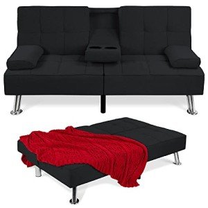 Modern Folding Futon Sofa Bed with Cupholders - Black