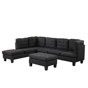 Modern L-Shaped Sectional Sofa with Ottoman - Black