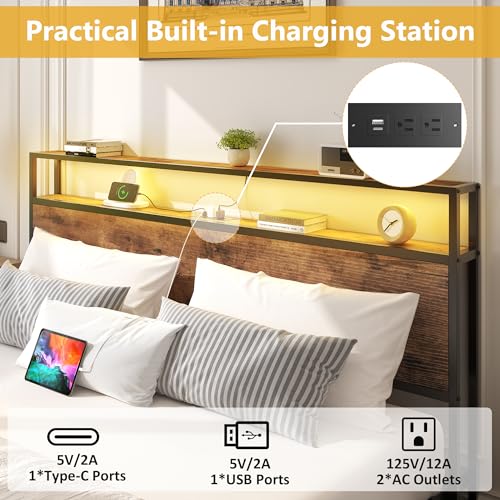Queen Bed Frame with Storage Headboard, Charging Station
