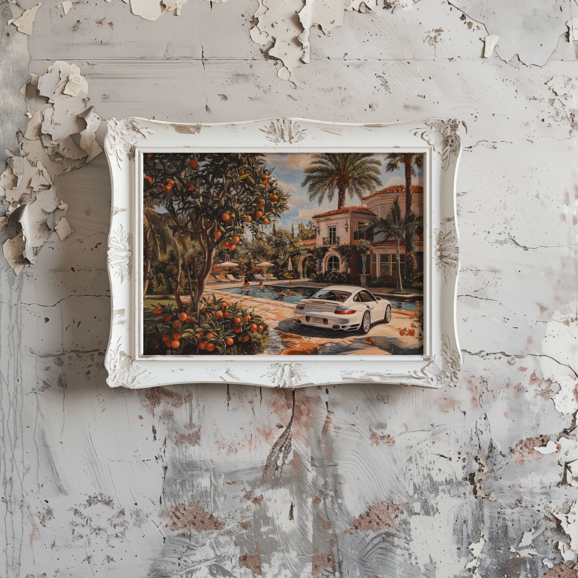 White Porsche by the Pool Wall Art: Signature Collection