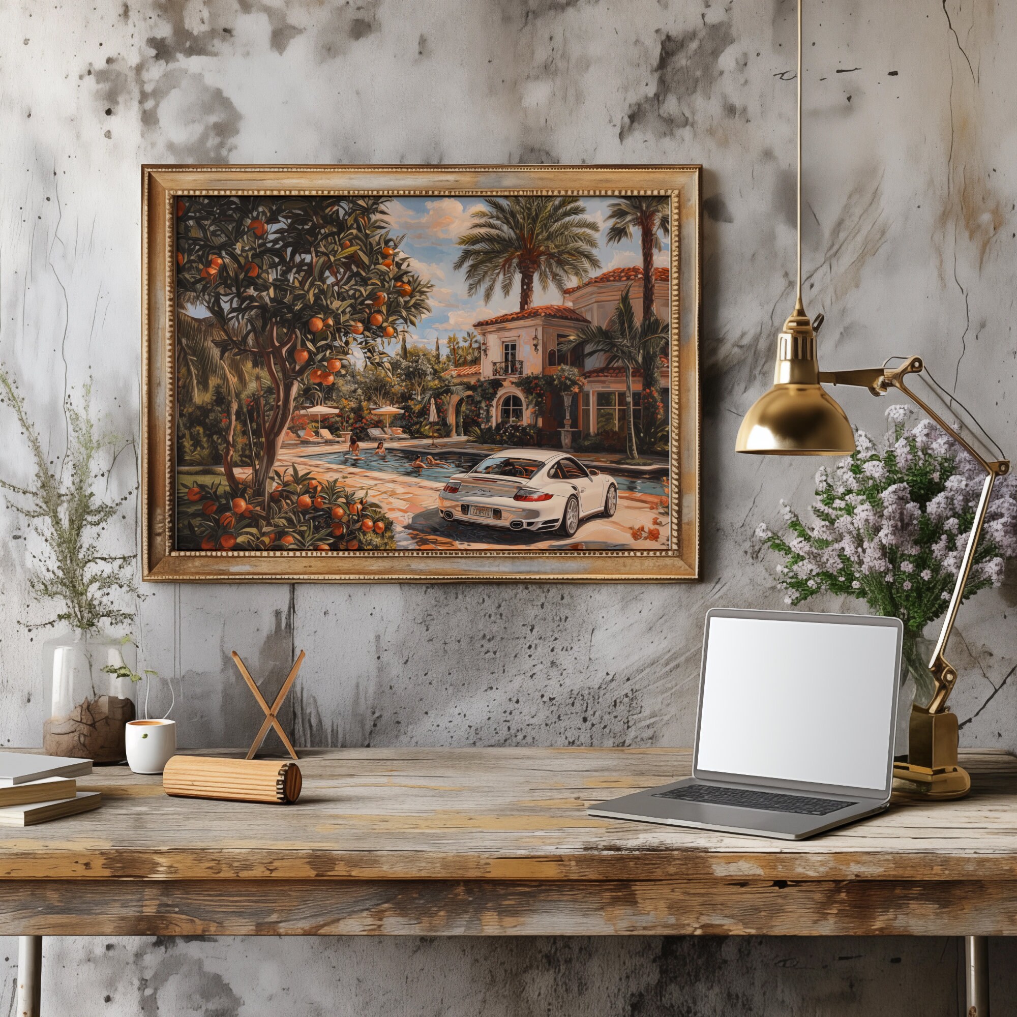 White Porsche by the Pool Wall Art: Signature Collection