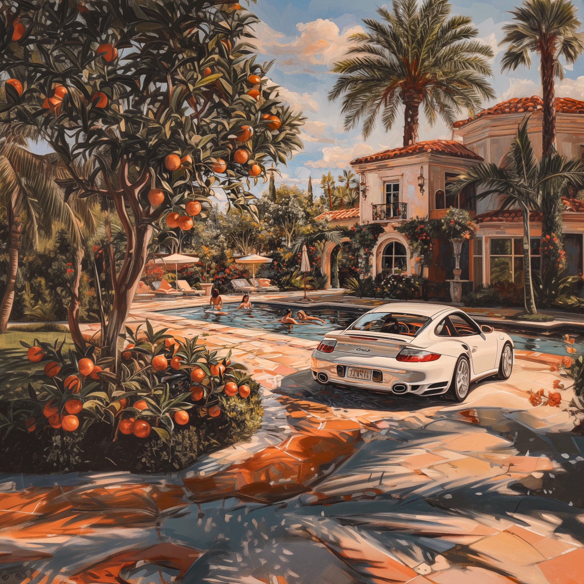White Porsche by the Pool Wall Art: Signature Collection