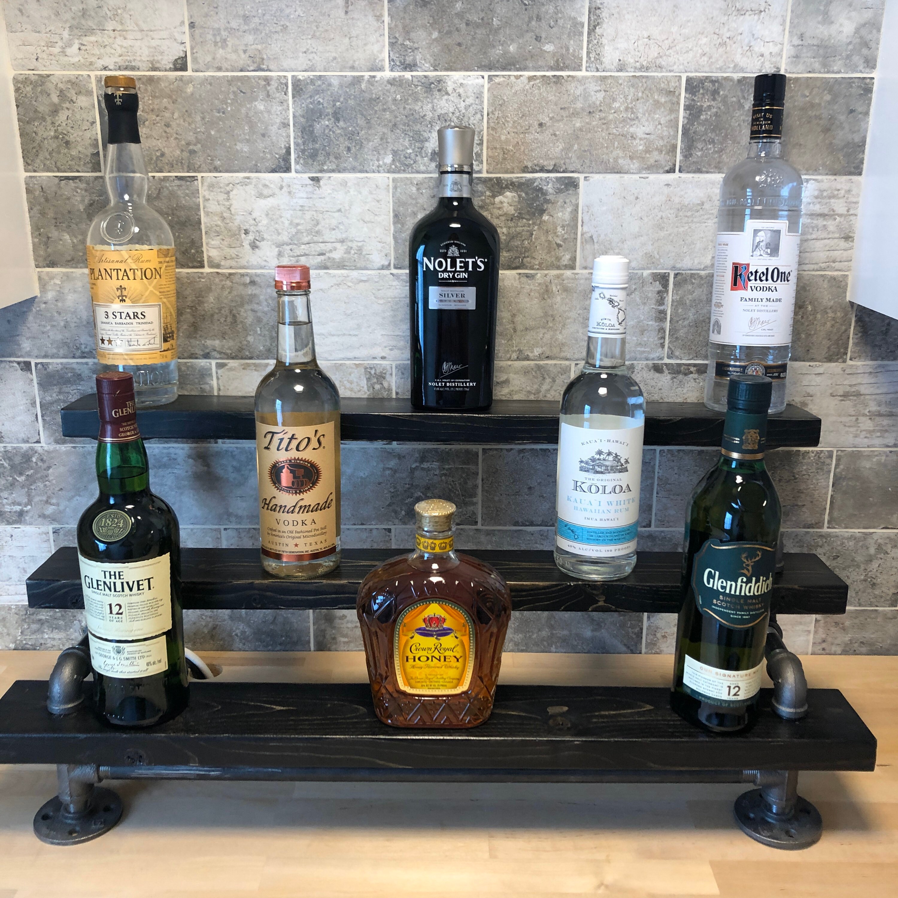 Handmade Rustic Industrial 3-Tiered Wood Liquor Bar Shelving