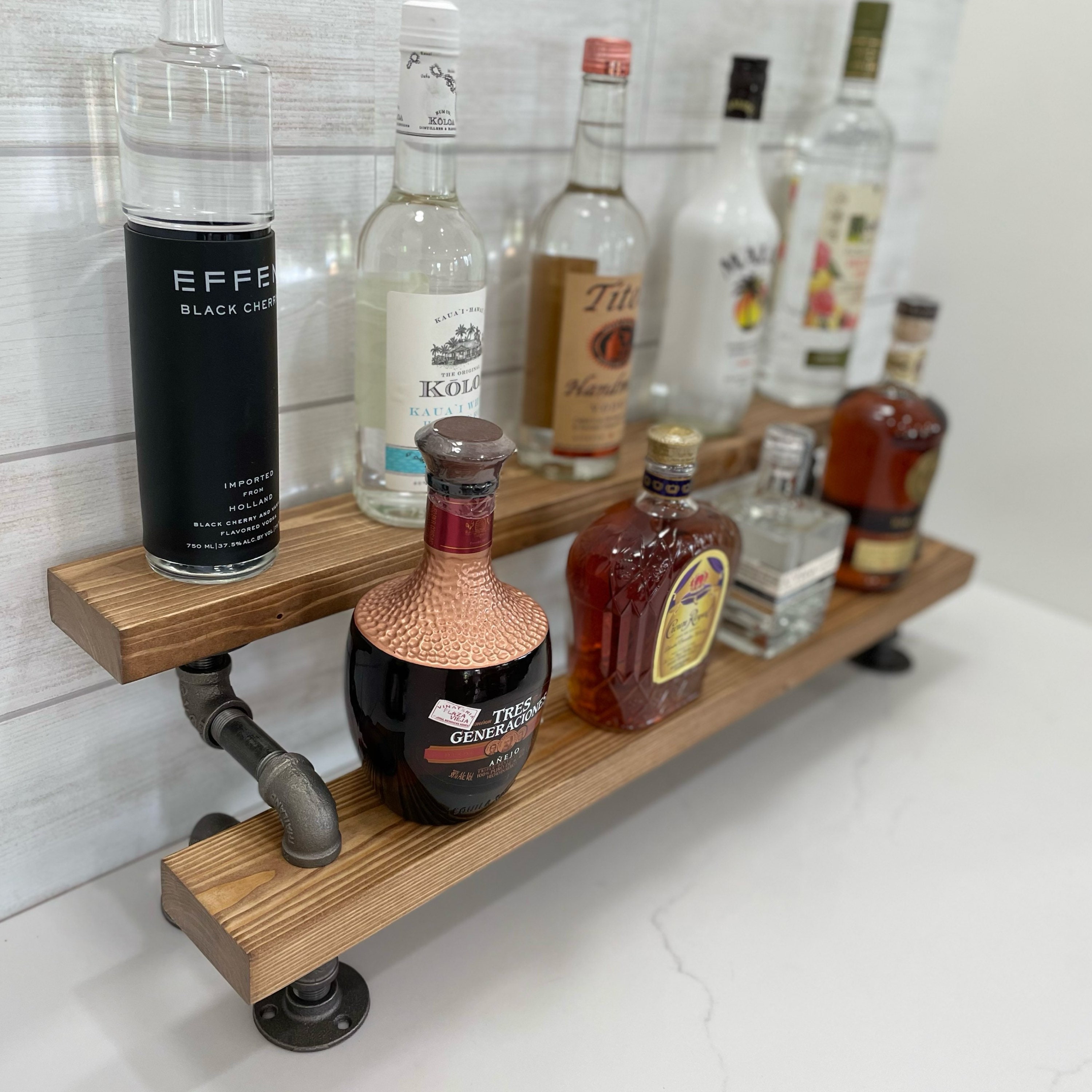 Handmade Rustic Industrial 3-Tiered Wood Liquor Bar Shelving