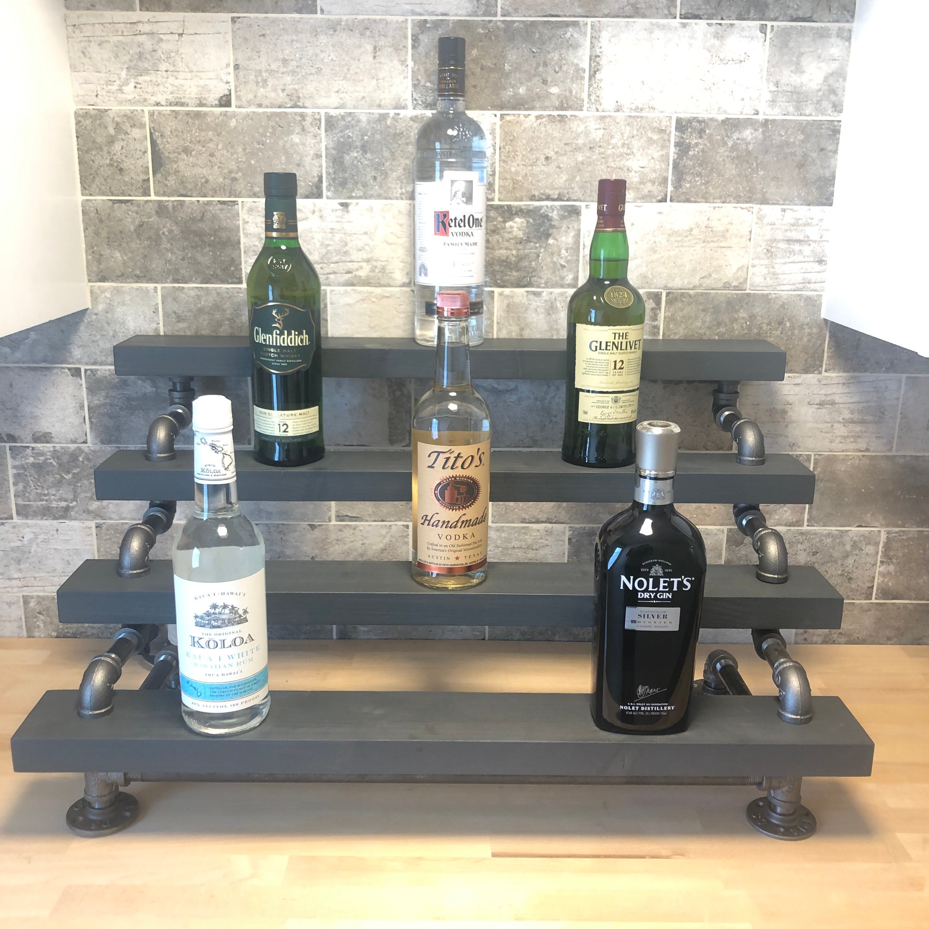 Handmade Rustic Industrial 3-Tiered Wood Liquor Bar Shelving