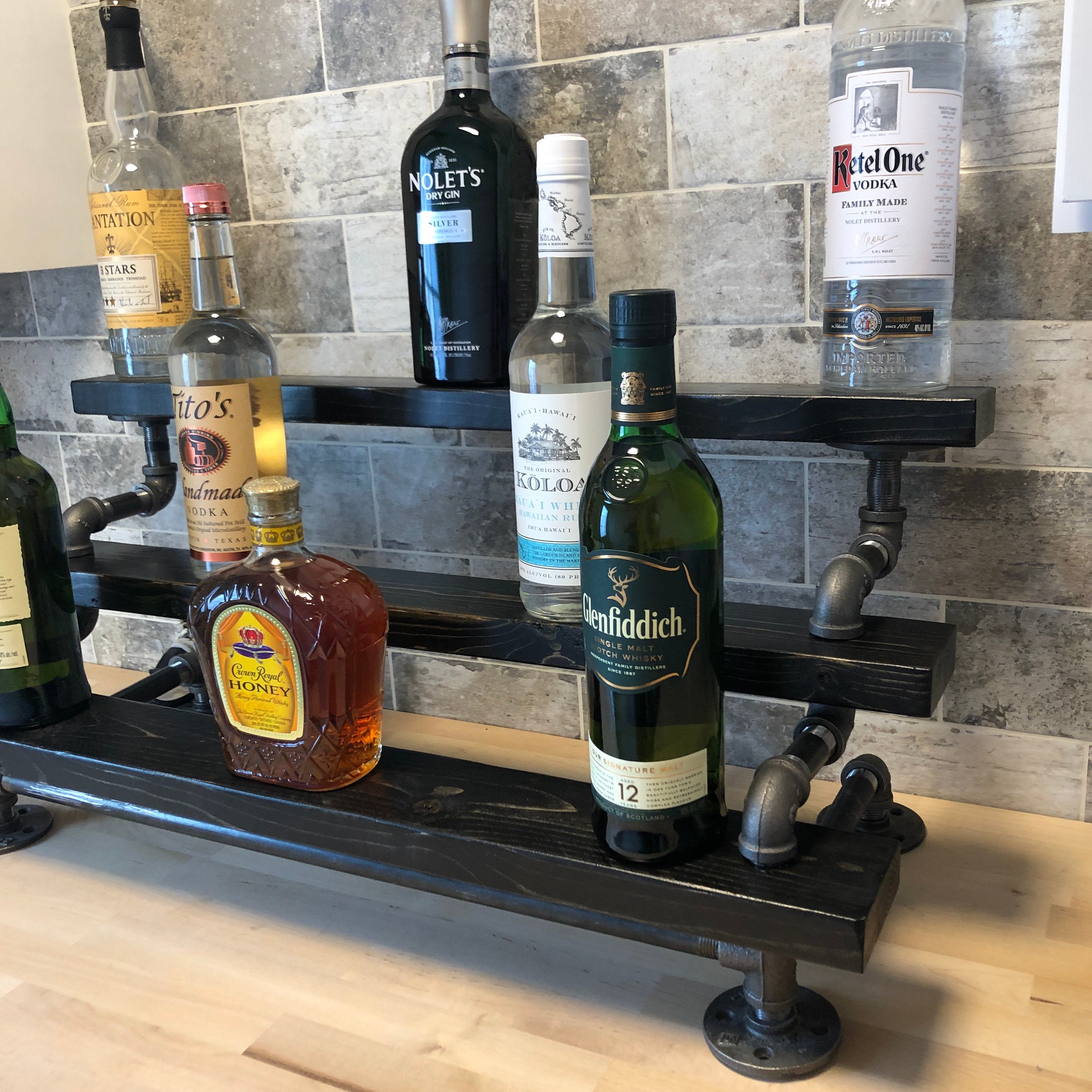 Handmade Rustic Industrial 3-Tiered Wood Liquor Bar Shelving