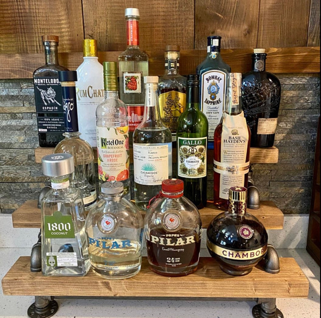 Handmade Rustic Industrial 3-Tiered Wood Liquor Bar Shelving