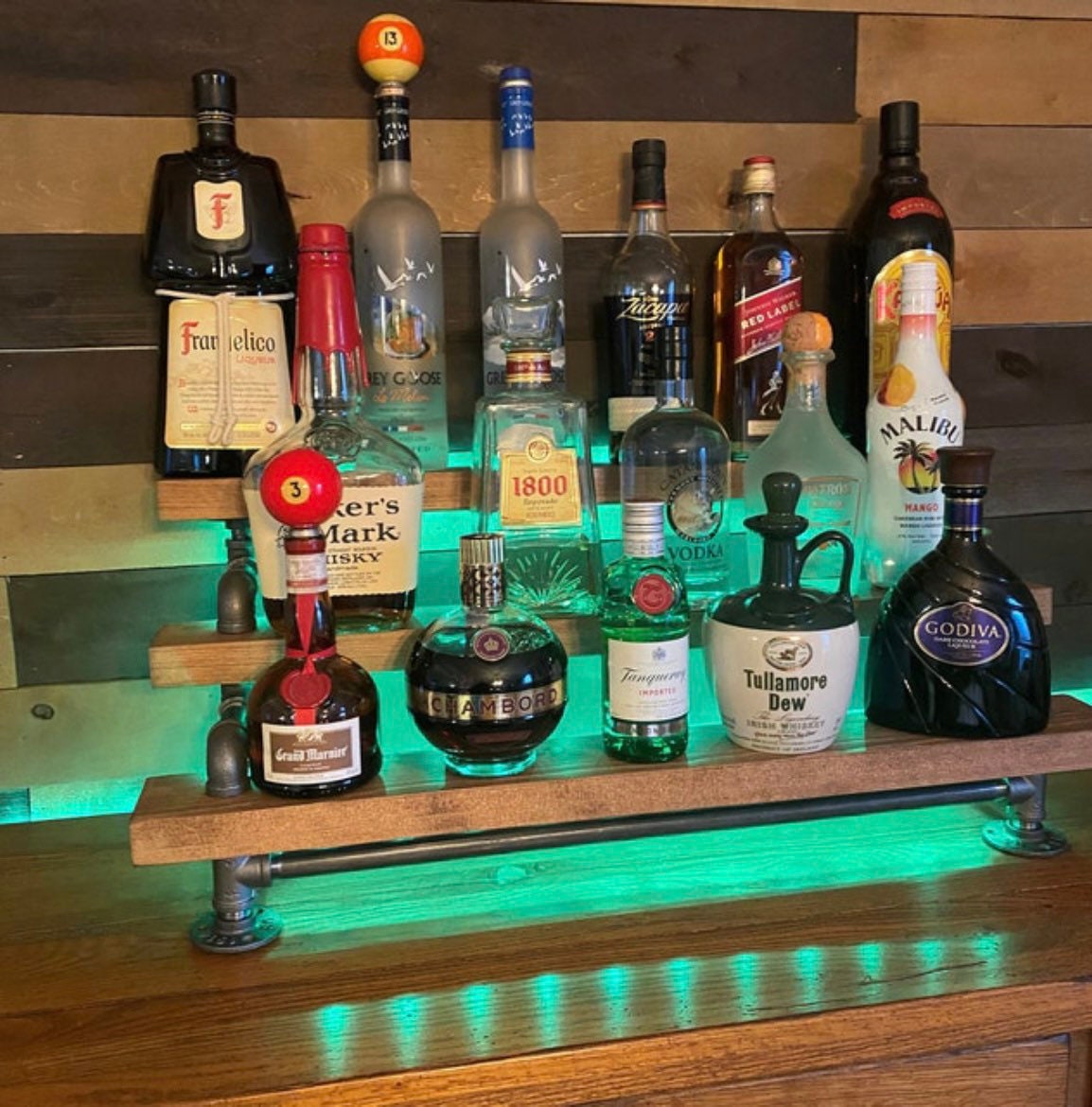 Handmade Rustic Industrial 3-Tiered Wood Liquor Bar Shelving