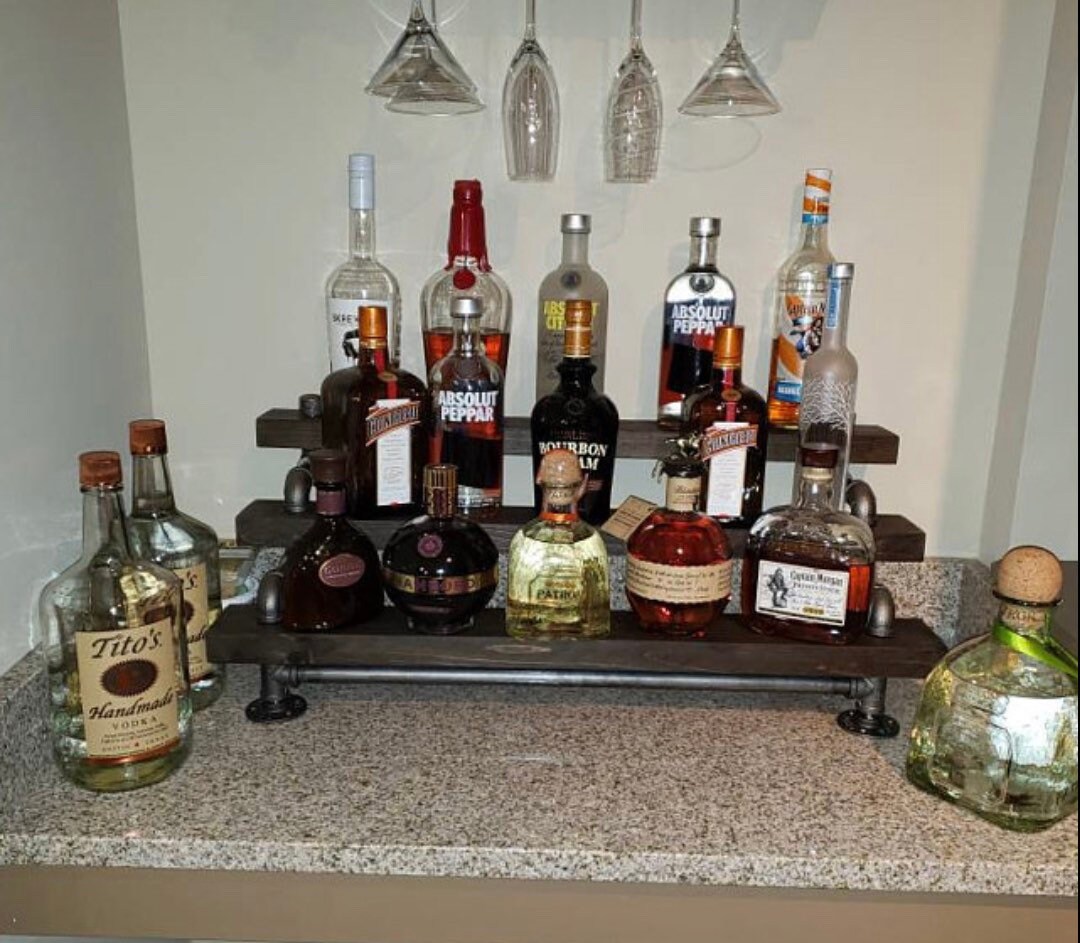 Handmade Rustic Industrial 3-Tiered Wood Liquor Bar Shelving