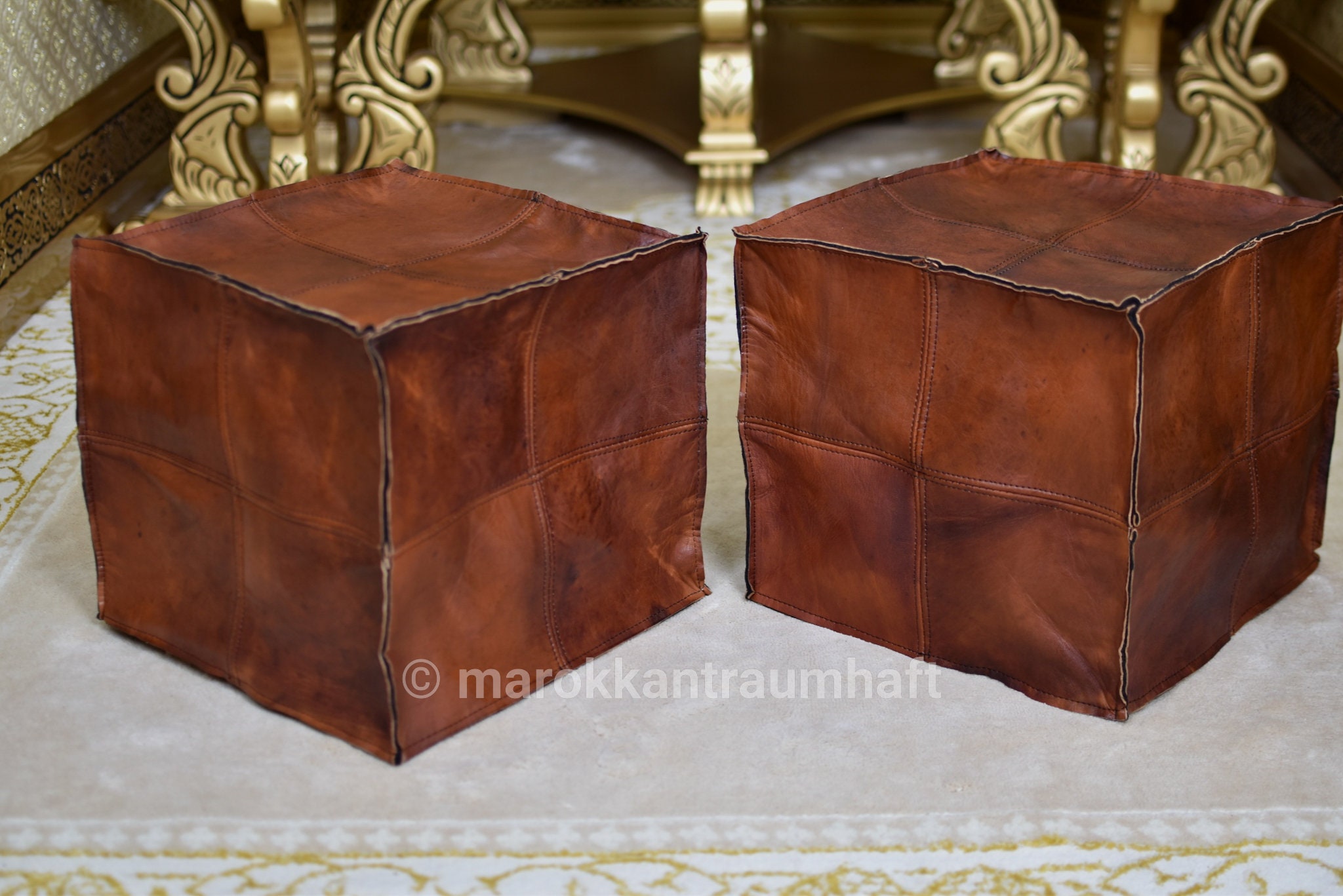 Handcrafted Moroccan Leather Pouf Set - Set of 2