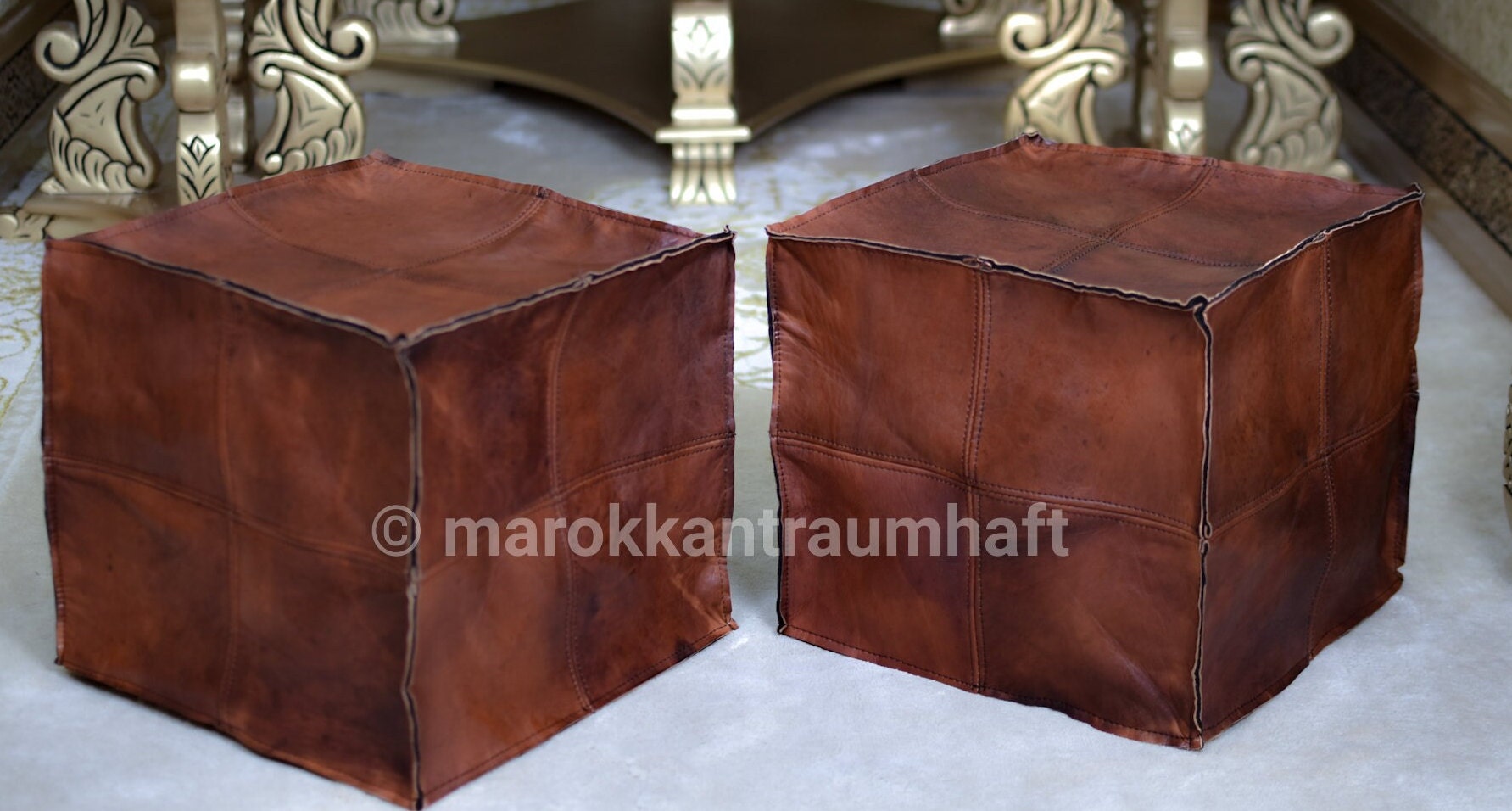 Handcrafted Moroccan Leather Pouf Set - Set of 2
