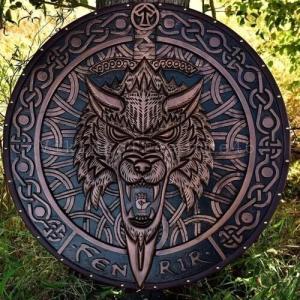 Fenrir Wolf Carved Wooden Viking Shield Wall Decor