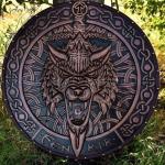 Fenrir Wolf Carved Wooden Viking Shield Wall Decor