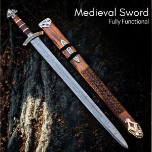 Damascus Steel Viking Sword with Wooden Scabbard