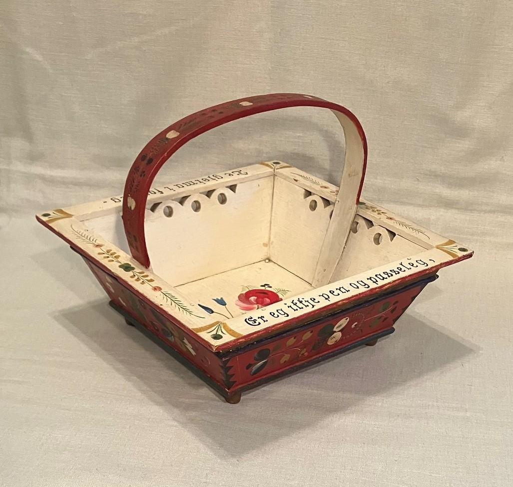 Hand-Painted Norwegian Rosemaling Square Basket