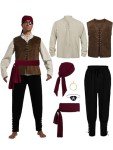 FancyFun Halloween Pirate Costume Men,Medieval Shirt Renaissance Banded Pants Viking Sash Belt Eye Patch Earrings