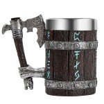 OTARTU Viking Mug Axe handle, Nordic Oak Wooden Mug,Viking Runes Beer Stein,Norse Mythology Mug Tankard Stainless Steel Insert 17oz,Viking Gift for Men
