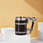 OTARTU Viking Mug Axe handle, Nordic Oak Wooden Mug,Viking Runes Beer Stein,Norse Mythology Mug Tankard Stainless Steel Insert 17oz,Viking Gift for Men