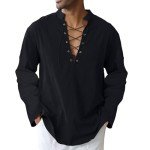 Men's Cotton Linen Shirt Loose Fit Arm Tops Medieval Viking Pirate Renaissance Halloween Costume BLACK L