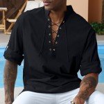 Men's Cotton Linen Shirt Loose Fit Arm Tops Medieval Viking Pirate Renaissance Halloween Costume BLACK L