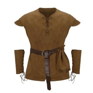 Men Pirate Costume Medieval Pirate Viking Shirt Tunic Vest Waist Belt Arm Guard Accessories Outfit (Brown, Medium)