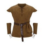 Men Pirate Costume Medieval Pirate Viking Shirt Tunic Vest Waist Belt Arm Guard Accessories Outfit (Brown, Medium)