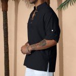 Men's Cotton Linen Shirt Loose Fit Arm Tops Medieval Viking Pirate Renaissance Halloween Costume BLACK L