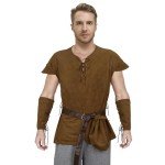 Men Pirate Costume Medieval Pirate Viking Shirt Tunic Vest Waist Belt Arm Guard Accessories Outfit (Brown, Medium)