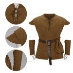 Men Pirate Costume Medieval Pirate Viking Shirt Tunic Vest Waist Belt Arm Guard Accessories Outfit (Brown, Medium)