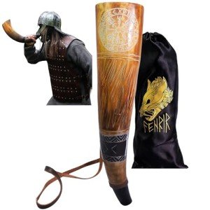 Fenrir Viking War Blowing Horn 18 Inch | Authentic Ox Horn Battle Trumpet With Leather Strap | Norse Medieval Style | Home Decor Accessories | Unique Gifts for Men | Jarl & Compass Finish